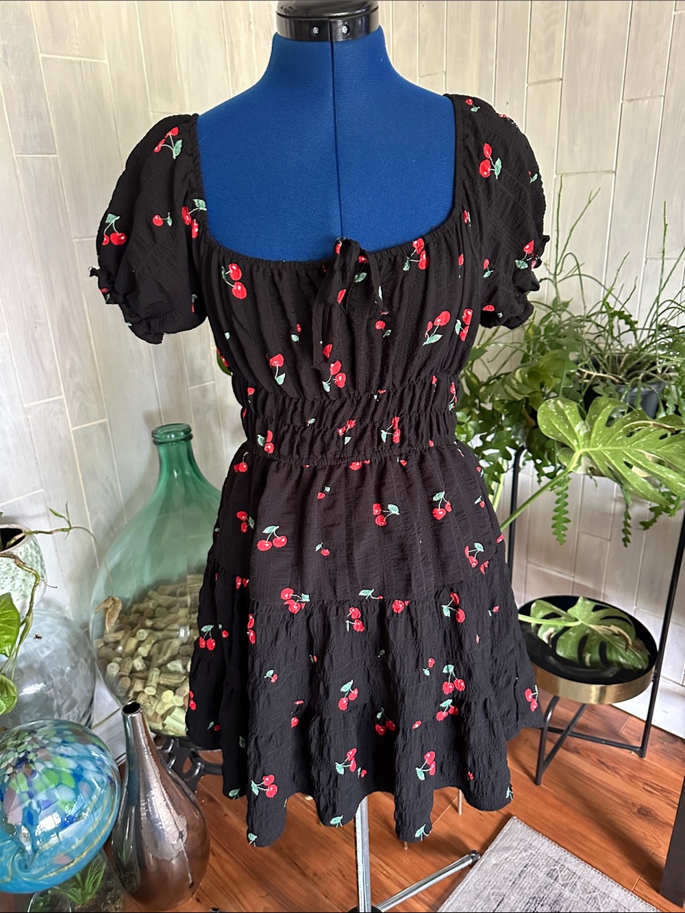Liberty Love Black Mini Dress with Red Cherry Print
